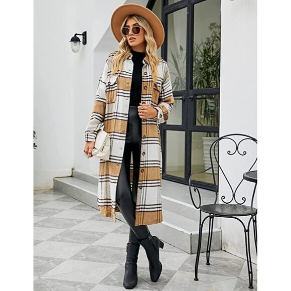 𝅺CASUAL Tan Plaid Button Down Long Puff Sleeve Trench Coat Jacket Shacket Wool - Picture 8 of 10